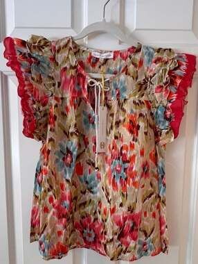 House of Harlow 1960 Zoey Khaki Ruffle Flutter Sleeve Floral Peasant Top